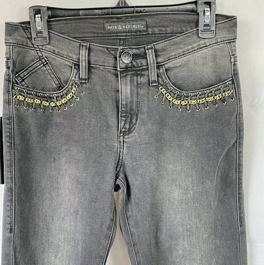 Rock & Republic Black Skinny Berlin Jeans with Gold Chain Pockets Size 10